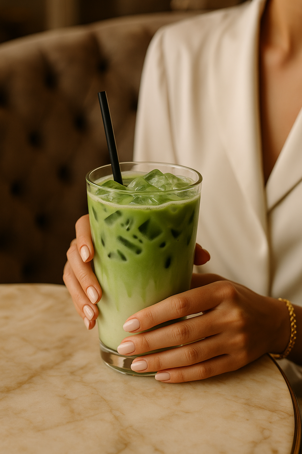 Woman in a beige blazer holding an iced matcha latte in a glass at a cafe booth, lifestyle photo with neat nails