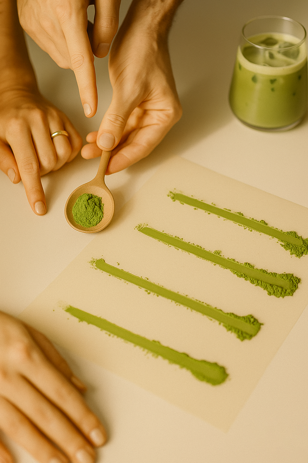 Hands holding a wooden spoon of matcha powder above four matcha powder swatches on paper, showing fineness and colour
