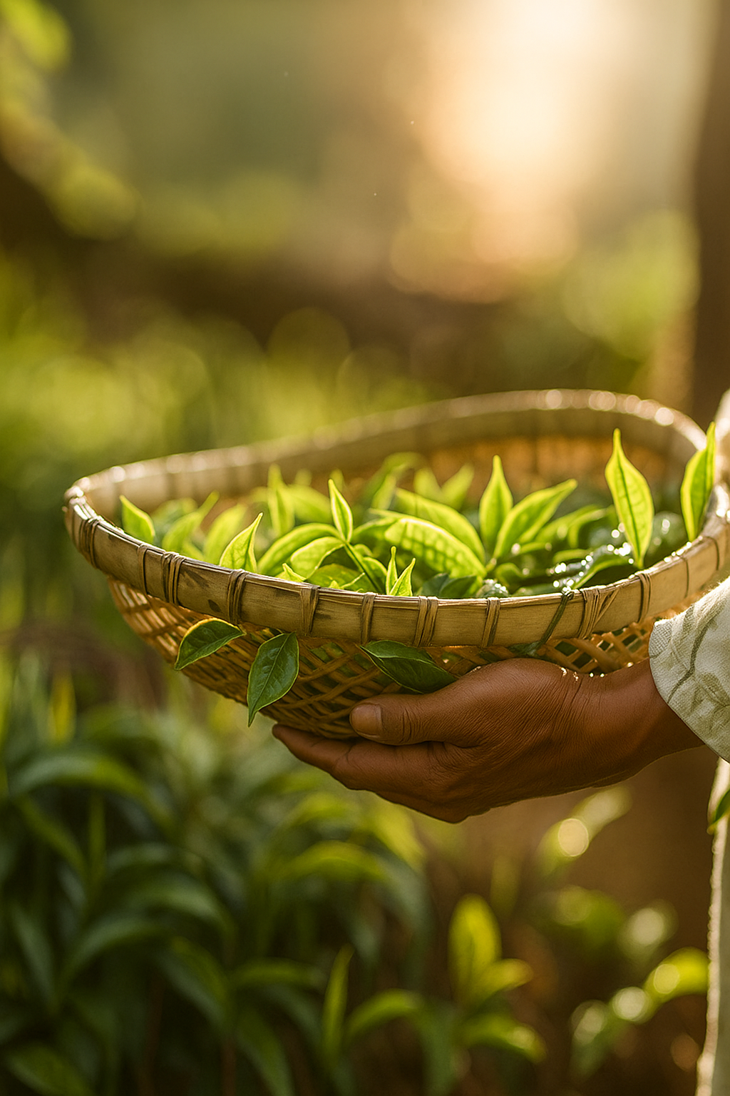 Hands holding a woven bamboo basket of freshly picked green tea leaves in backlit sunlight at a tea plantation