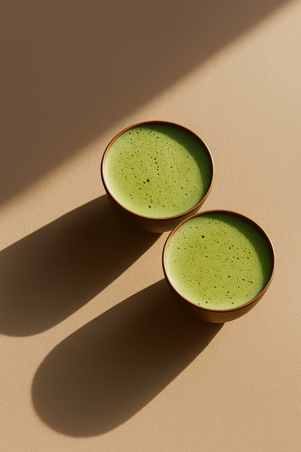 Two bowls of whisked matcha on a beige surface with long diagonal shadows, minimal overhead still life composition