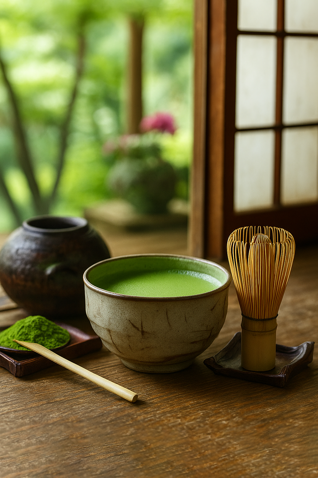 Nippon Matcha tea room table set with a matcha bowl, bamboo chasen and whisk rest by a shoji screen garden view