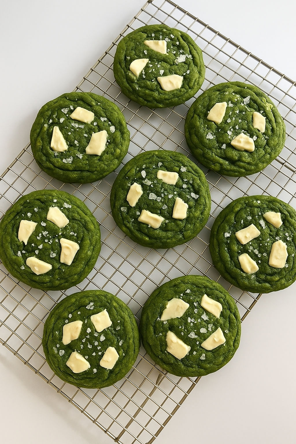 Nippon Matcha matcha white chocolate cookies with flaky sea salt on a wire cooling rack, overhead baking shot