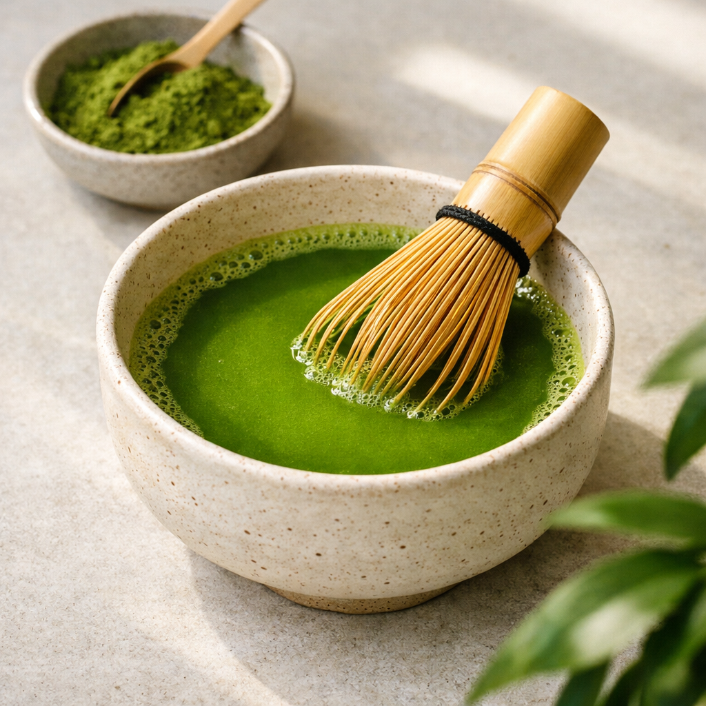 Nippon Matcha whisked matcha in a speckled ceramic chawan with a bamboo chasen resting inside, matcha powder bowl behind