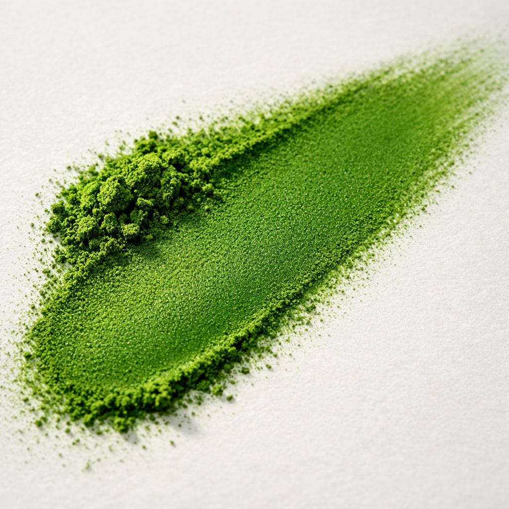 Nippon Matcha fine green matcha powder smeared on white paper, macro close-up showing powder texture and vivid colour