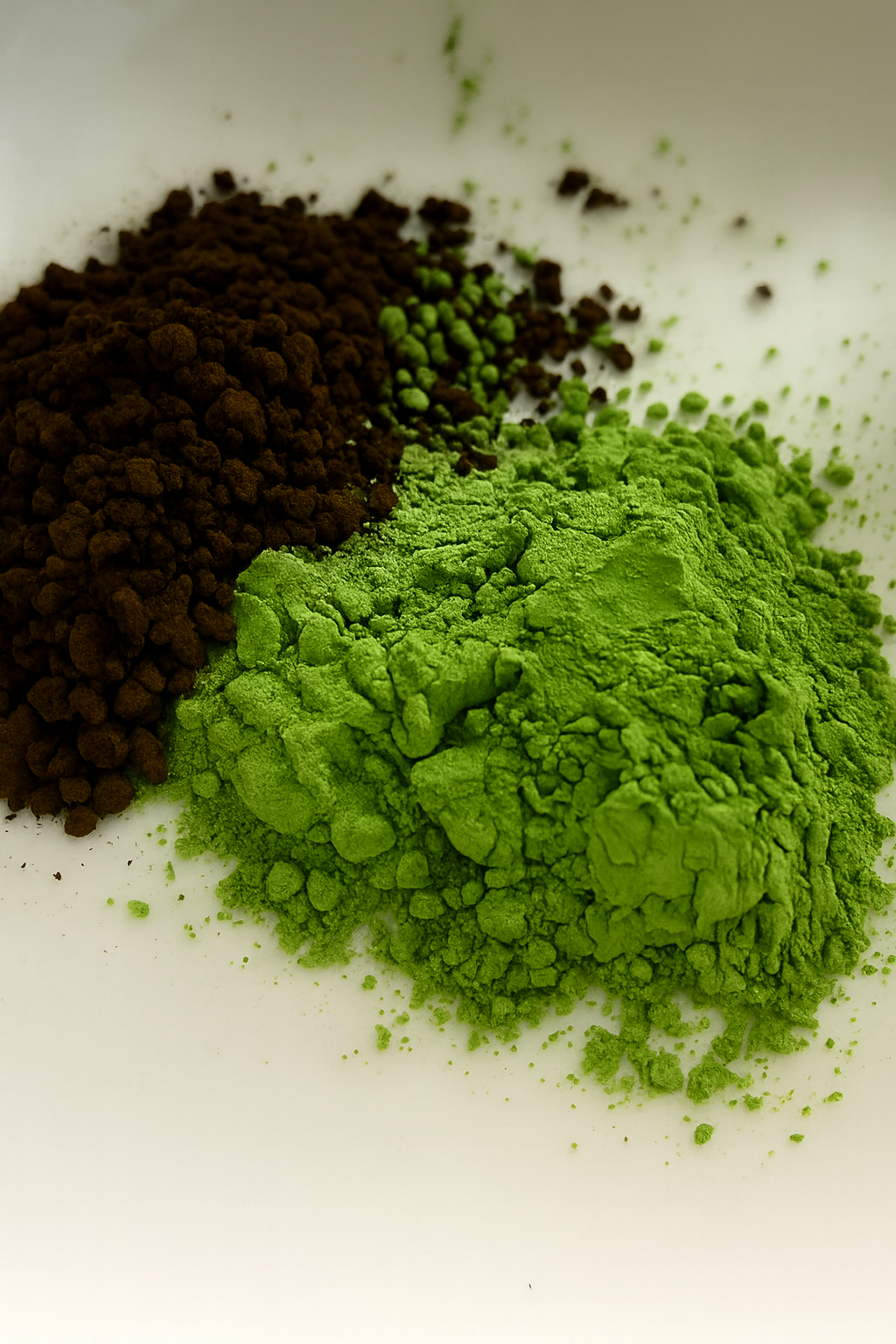 Dark roasted coffee grounds next to bright green matcha powder, macro composition showing texture and colour contrast