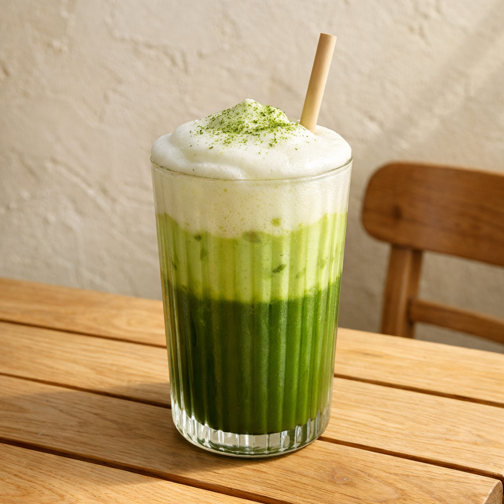 Nippon Matcha layered iced matcha latte topped with thick milk foam and matcha dust, bamboo straw in a ribbed glass