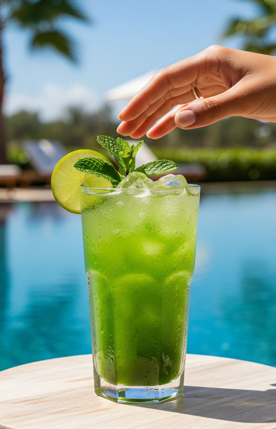 Iced matcha mojito in a tall glass with lime wheel, mint and sparkling water by a summer pool