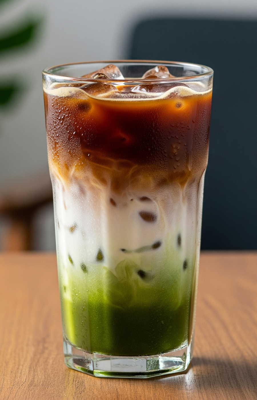 Iced dirty matcha latte with layered espresso, milk and matcha gradient in a tall glass over ice