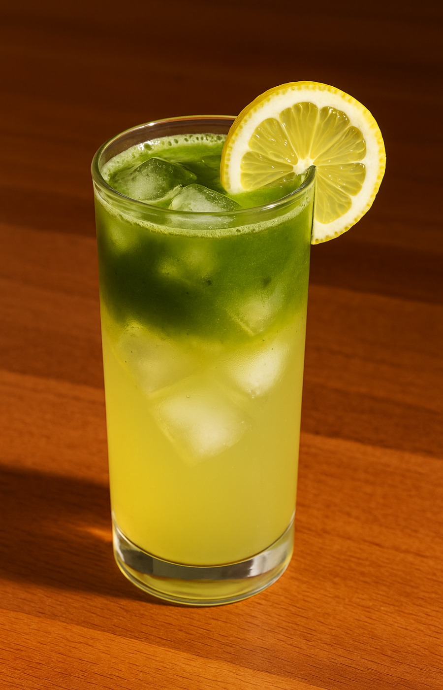 Iced matcha lemonade with a lemon wheel garnish and sparkling lemonade over ice on a wood table