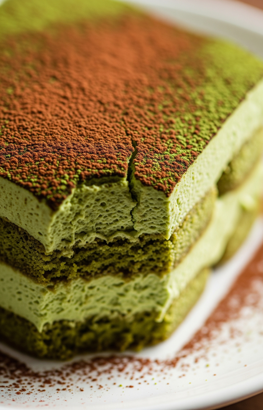 Slice of matcha tiramisu with mascarpone matcha cream layers dusted with cocoa powder