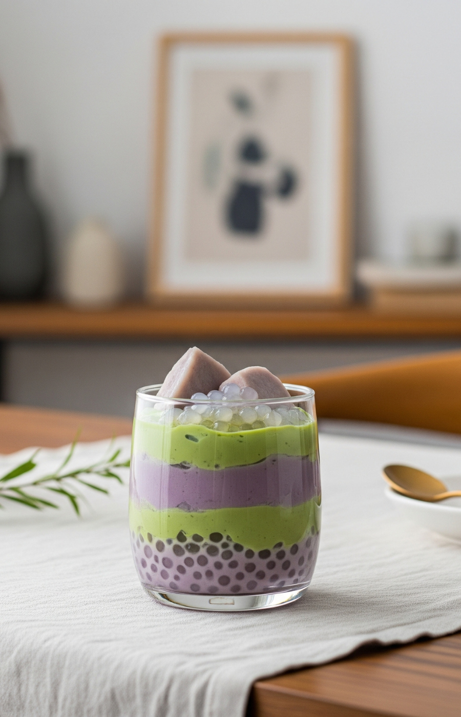Nippon Matcha layered taro dessert glass with taro puree, matcha, tapioca pearls and taro chunks