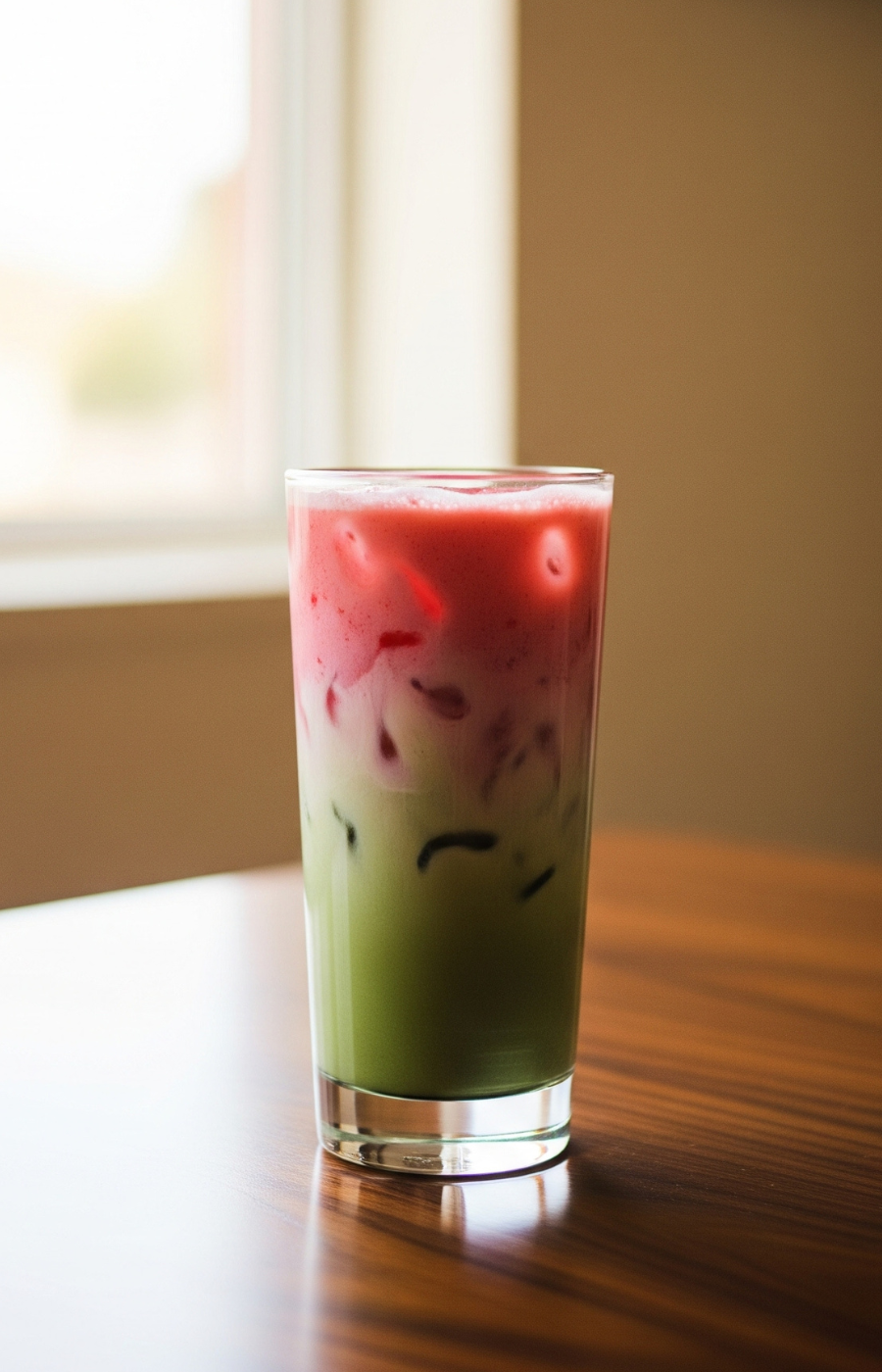 Iced strawberry matcha latte with strawberry puree, milk and matcha layers on a wooden table in window light