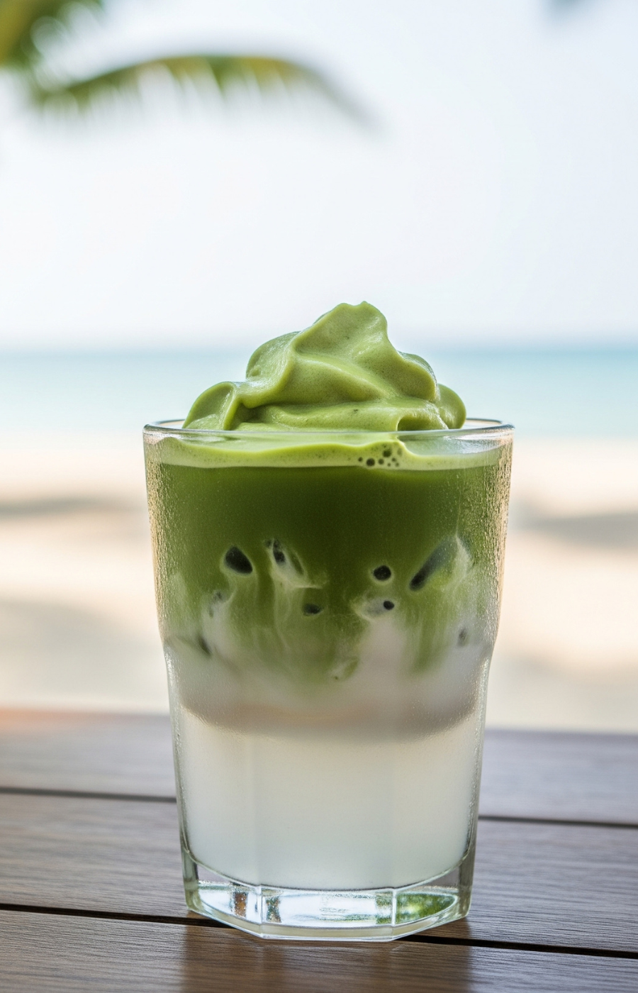 Matcha kiwi float with kiwi fruit pulp and a whipped matcha cream top, beach and ocean backdrop