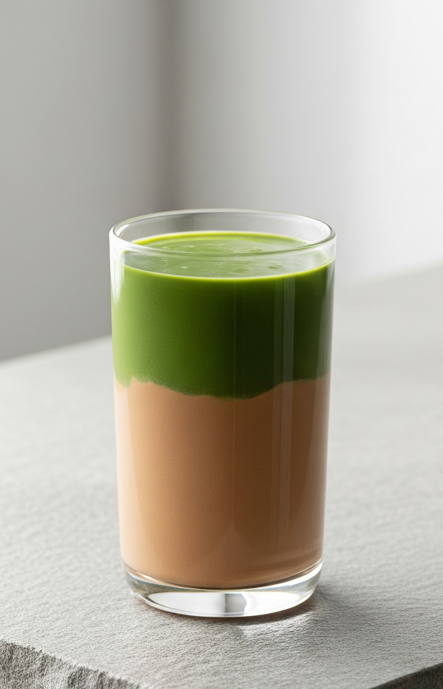 Two-tone matcha latte with a deep green matcha layer over milk in a clear glass on a grey stone slab