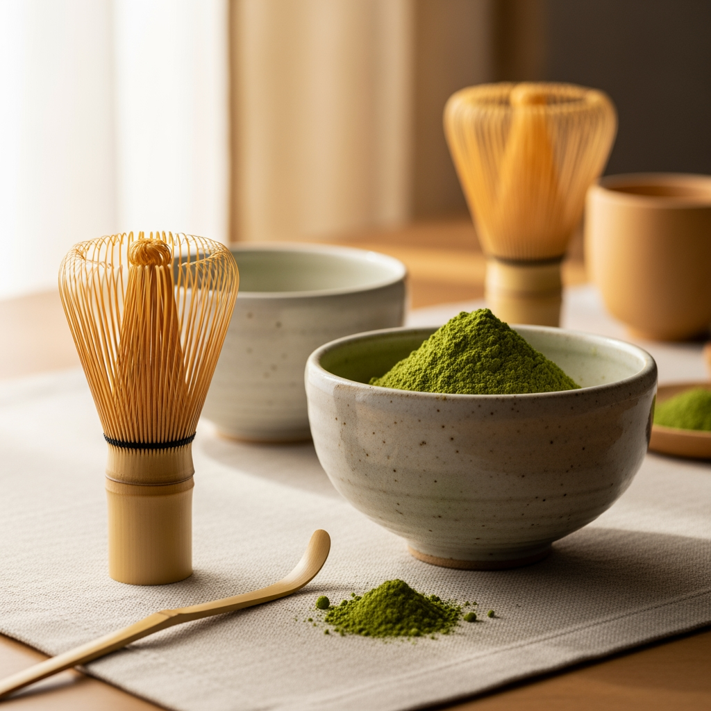 Vibrant green matcha powder in a ceramic bowl with bamboo whisk and traditional Japanese tea implements on a linen surface, soft morning light