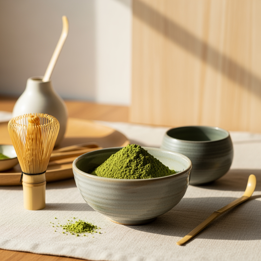 Vibrant green matcha powder in a ceramic bowl with bamboo whisk on linen surface, soft morning light