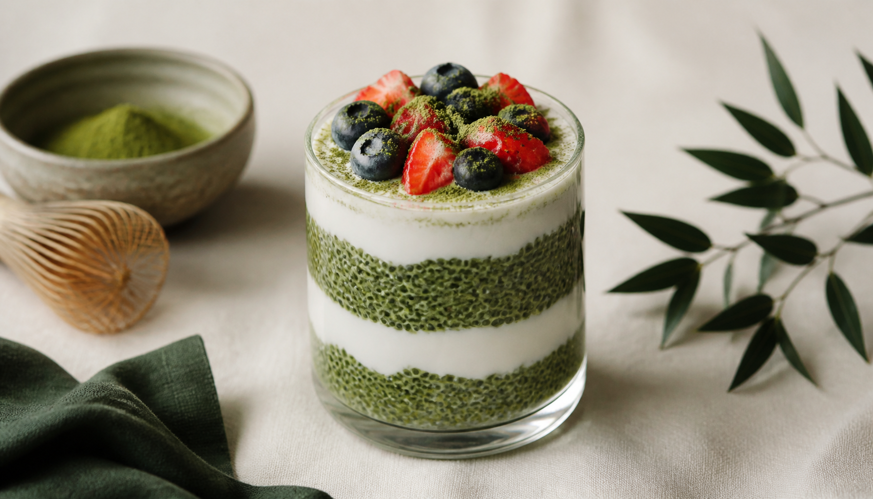 Layered matcha chia pudding with fresh berries in a clear glass jar on cream linen