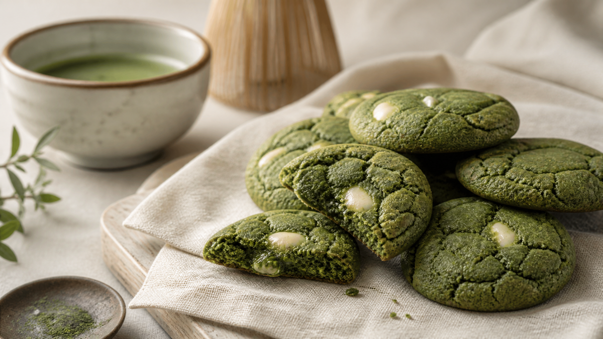 Soft chewy matcha cookies with white chocolate chunks on cream linen, with a ceramic bowl of frothy matcha and bamboo whisk in the background
