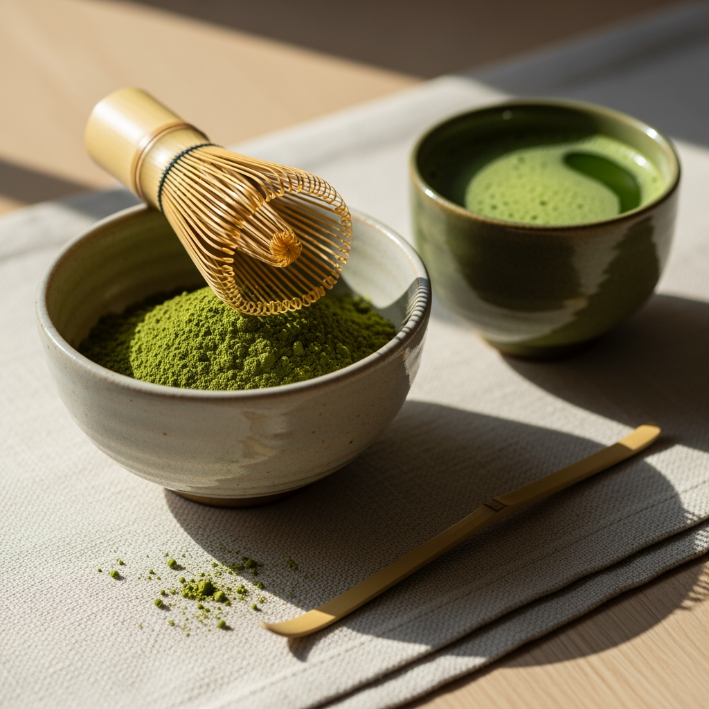 Ceremonial matcha in a ceramic bowl with bamboo whisk, zen-inspired minimal setting