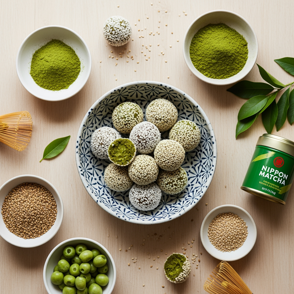 Homemade matcha energy balls rolled in coconut on a light wooden table, with matcha powder and ingredients artfully arranged around the dish