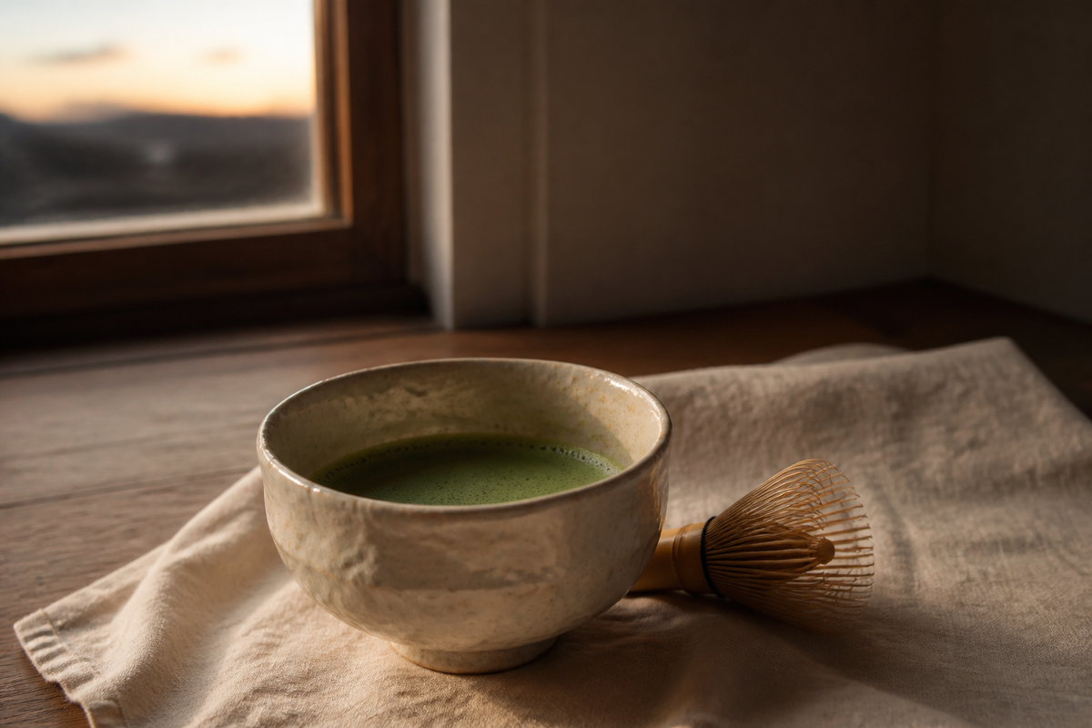 A ceramic chawan of whisked matcha on a linen cloth in soft evening window light