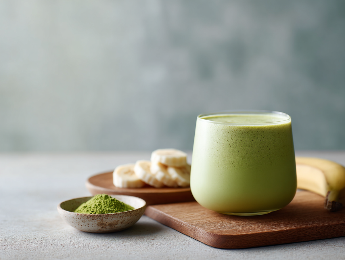 Banana matcha smoothie in a glass on a wooden board with banana slices and a small bowl of matcha powder, grey backdrop