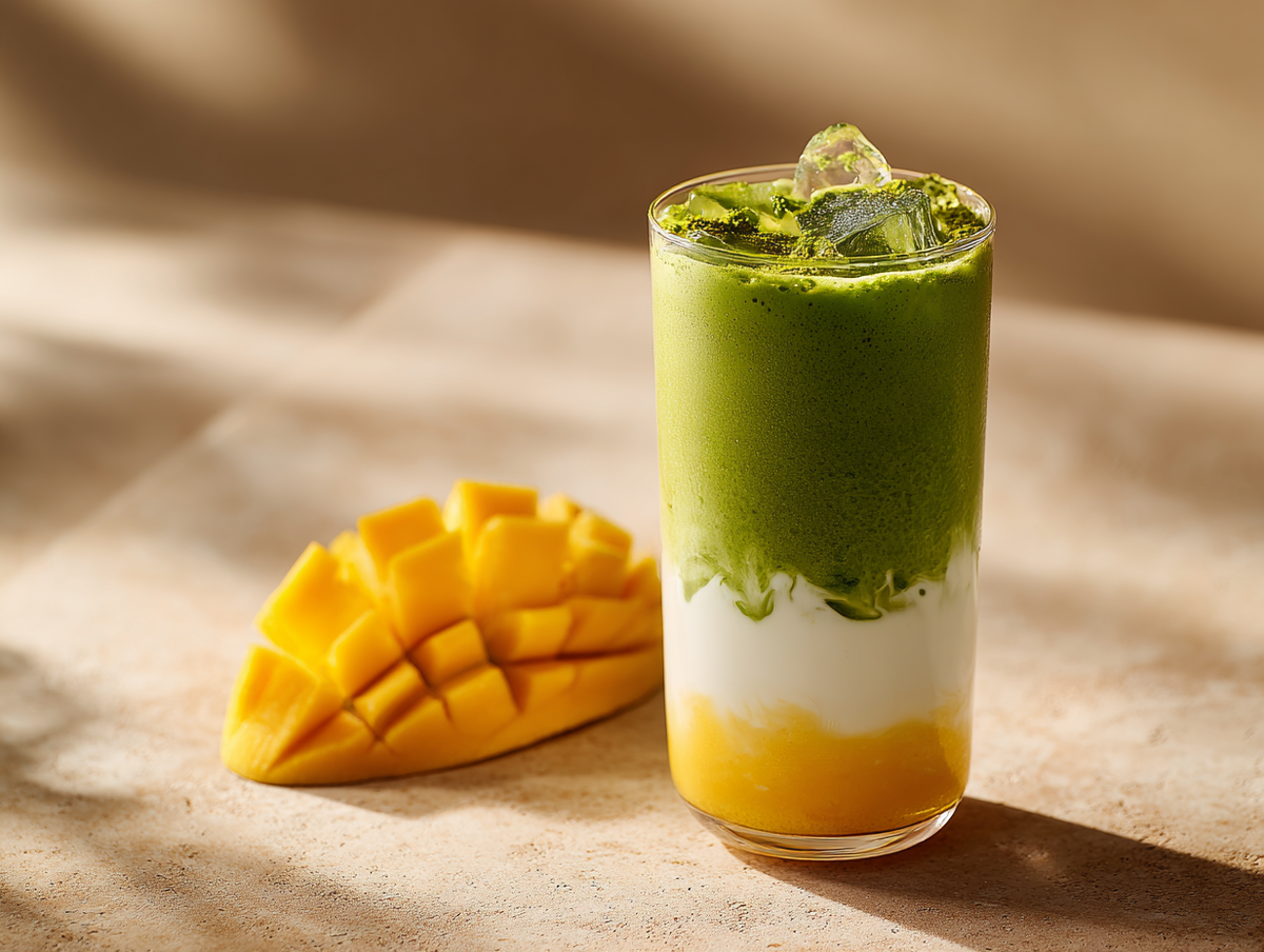 Layered mango matcha drink with mango puree, milk and matcha over ice in a tall glass, fresh mango cubes beside
