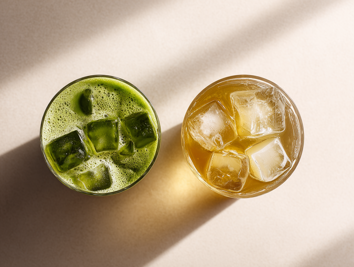 Two iced drinks side by side from above, iced matcha green tea and amber iced tea in glasses with ice cubes and shadows