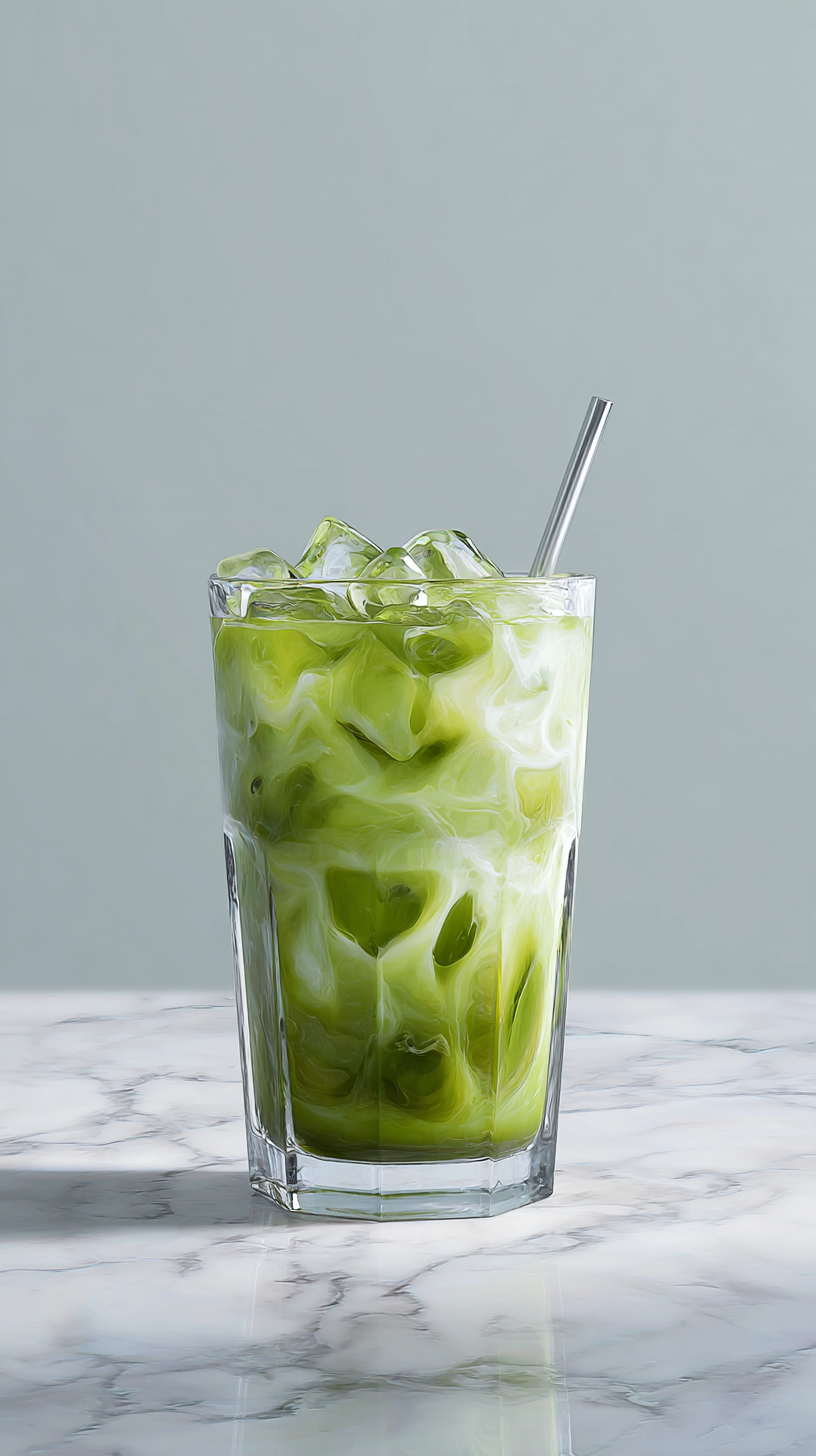A tall glass of iced matcha latte with a metal straw, sitting on a white marble surface.