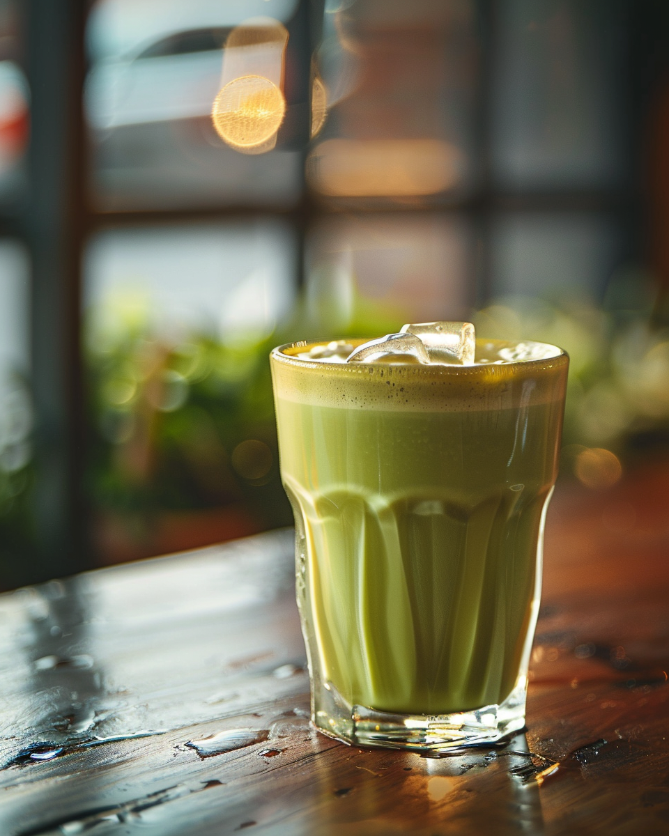 Iced matcha latte in a ribbed glass on a wooden table with soft café window light.