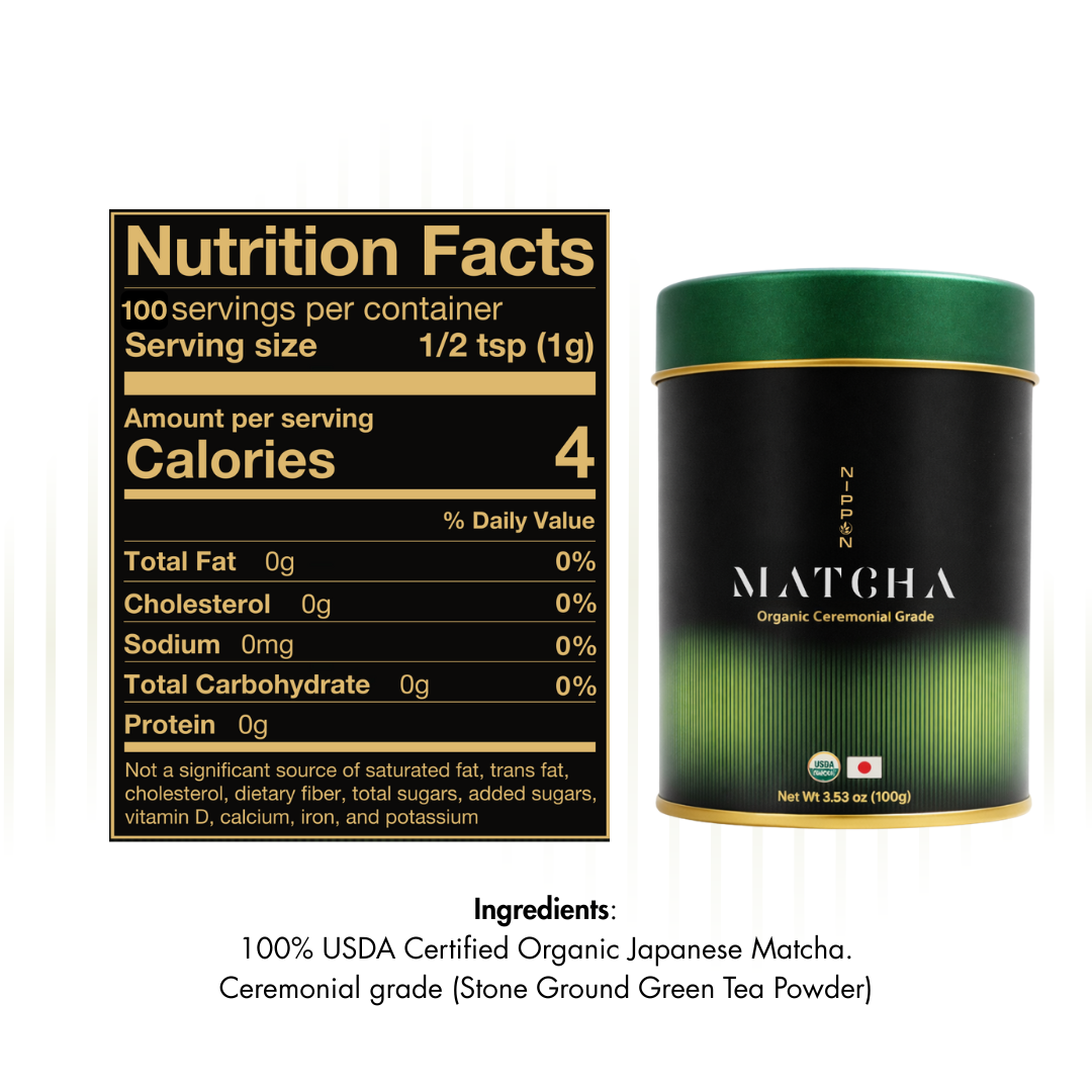 Matcha green tea powder can with nutrition facts label on a white background