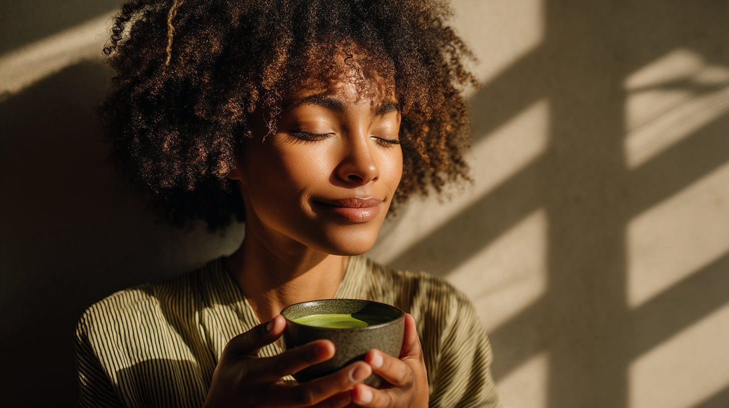 Woman holding a cup with a warm light casting shadows on a wall