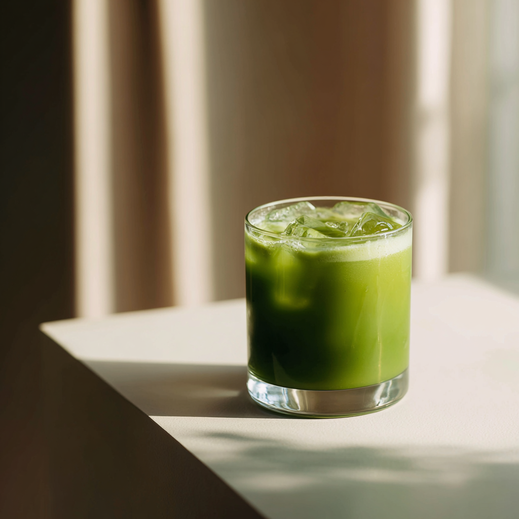 Glass of green iced drink on a light surface with a blurred background