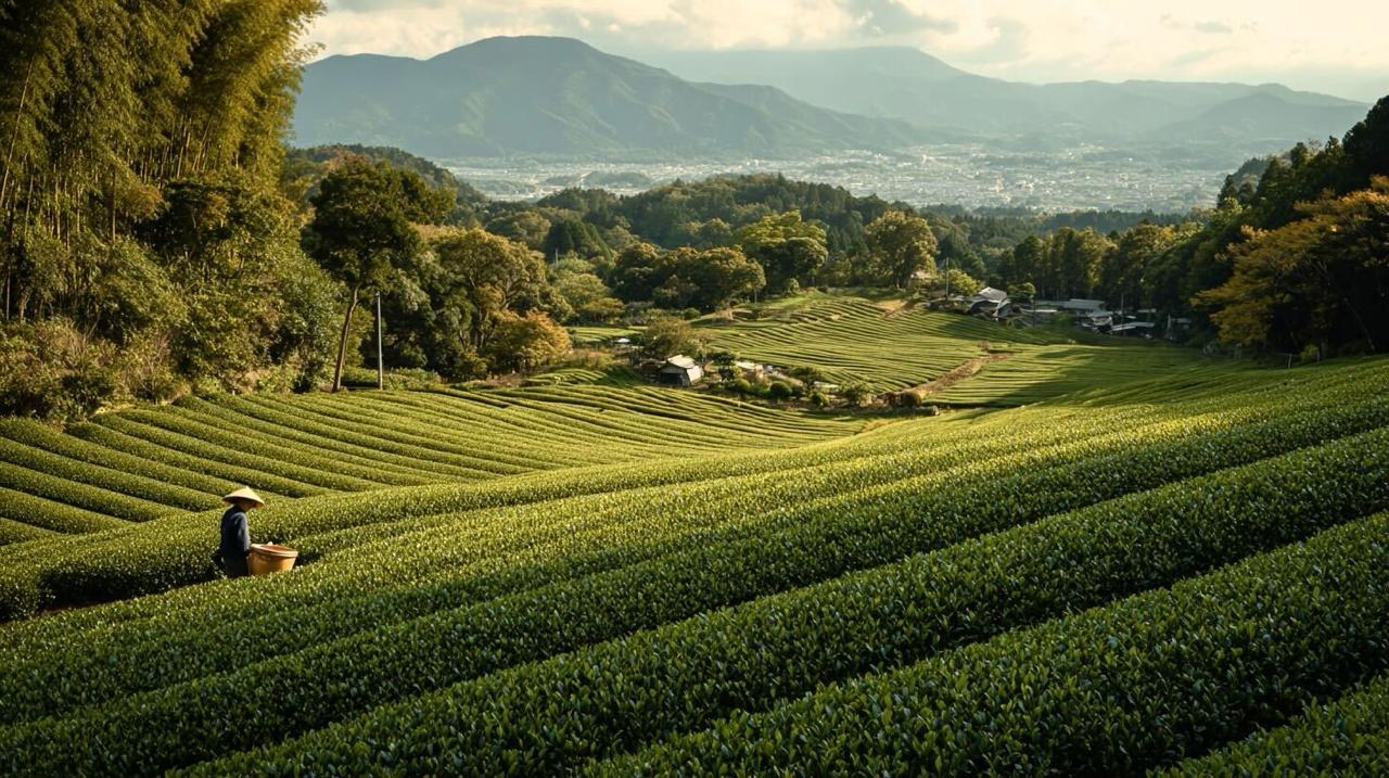 Tea plantation with a person working, surrounded by mountains and trees.