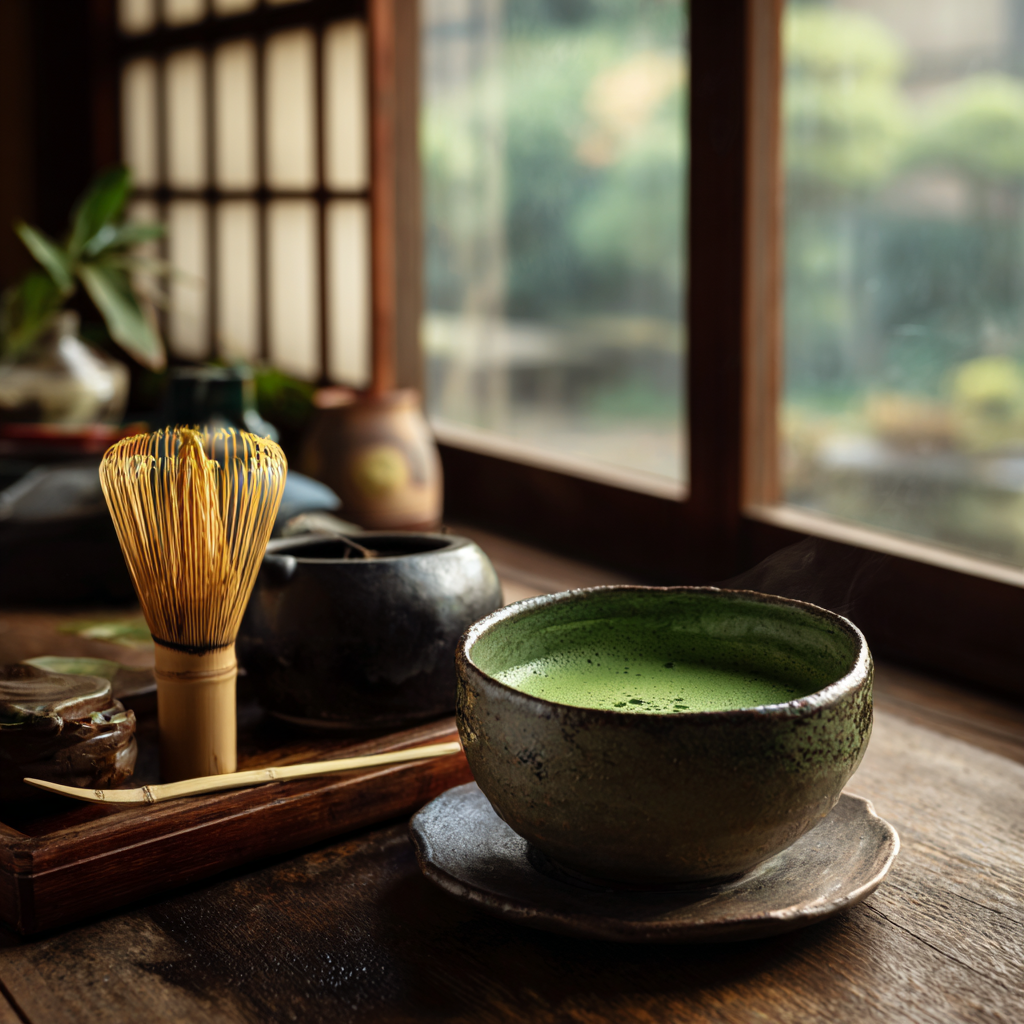 Ceramic bowl with green tea and whisk on a wooden table near a window