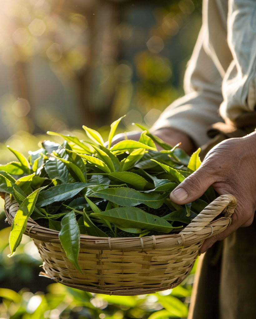 Person holding a basket of green tea leaves in a natural setting
