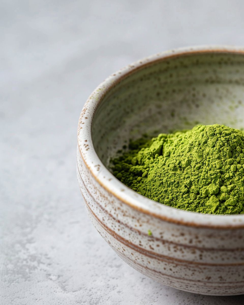 Ceramic bowl filled with green matcha powder on a light gray background