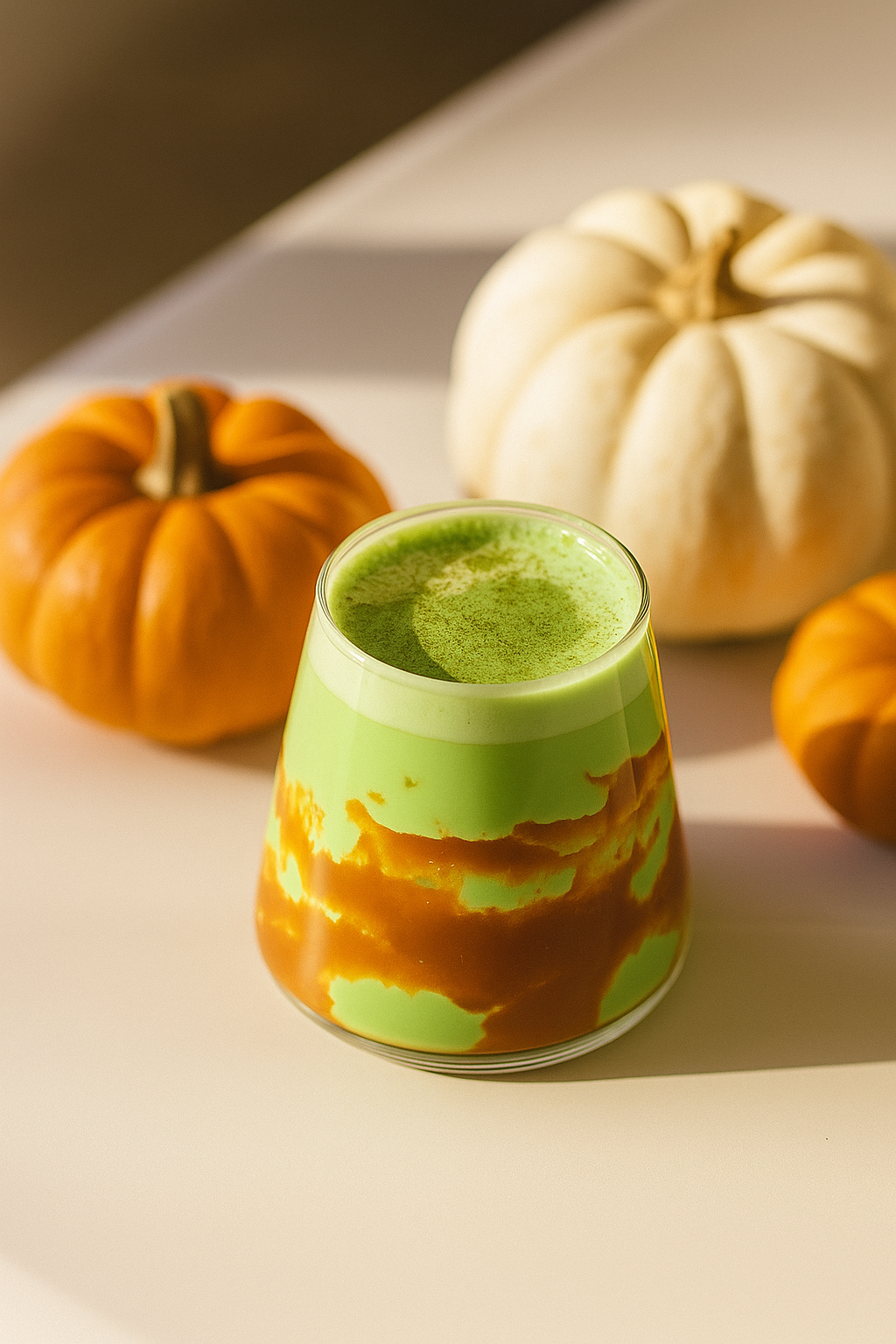 Iced matcha pumpkin spice latte with marbled matcha and pumpkin swirl layers, styled with orange and white pumpkins