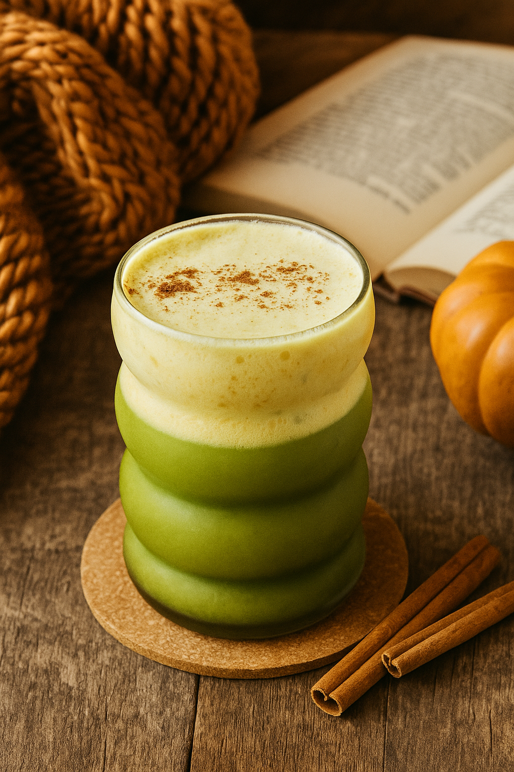 Nippon Matcha matcha cinnamon latte in a ribbed glass, styled with cinnamon sticks, pumpkin and a knit blanket for fall