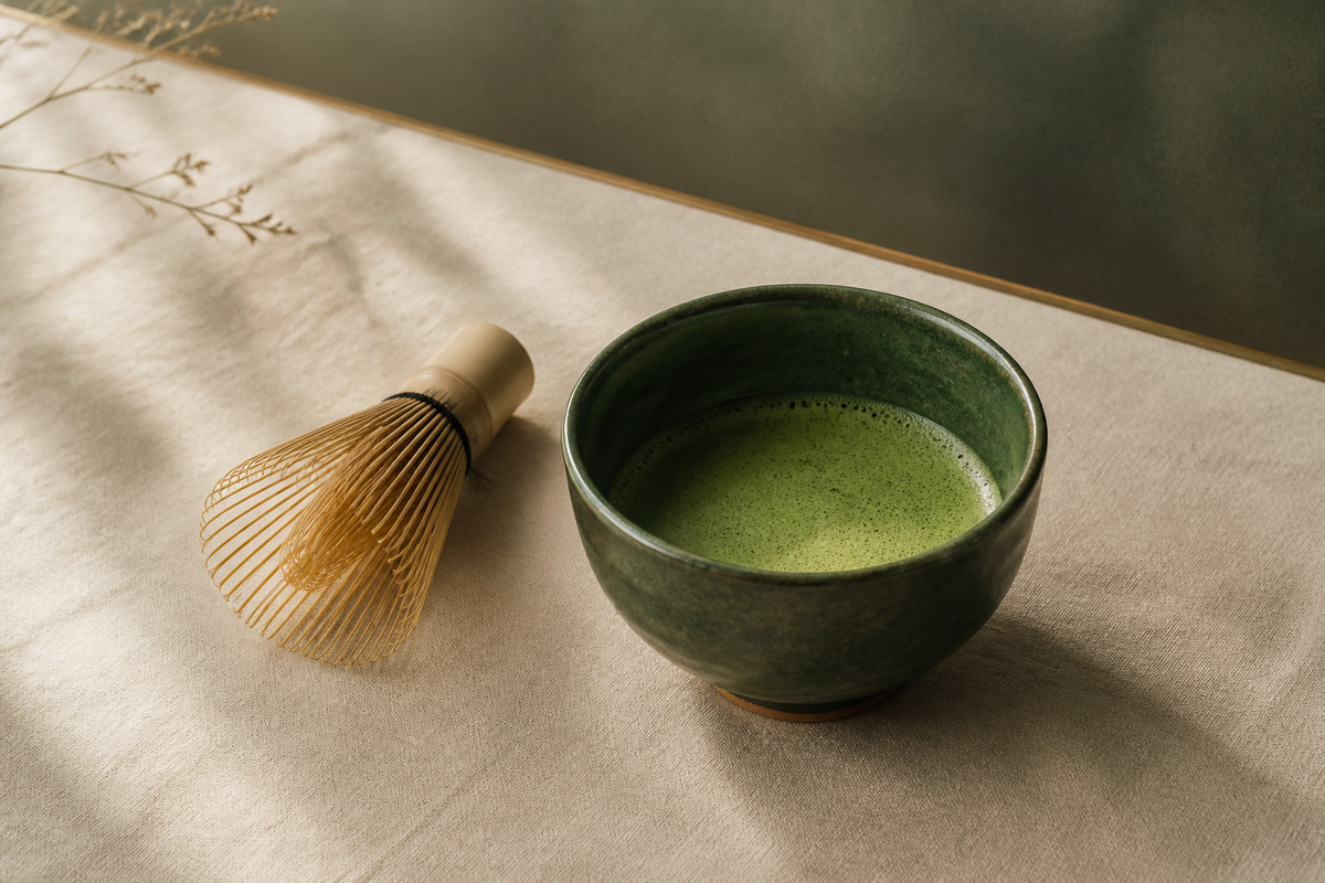 A ceramic matcha bowl and bamboo whisk on cream linen in soft natural light