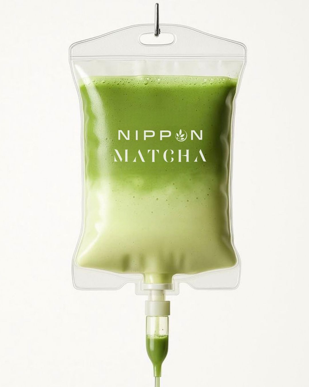 Creative visual of a matcha IV drip bag printed with the Nippon Matcha logo, symbolizing an energy boost