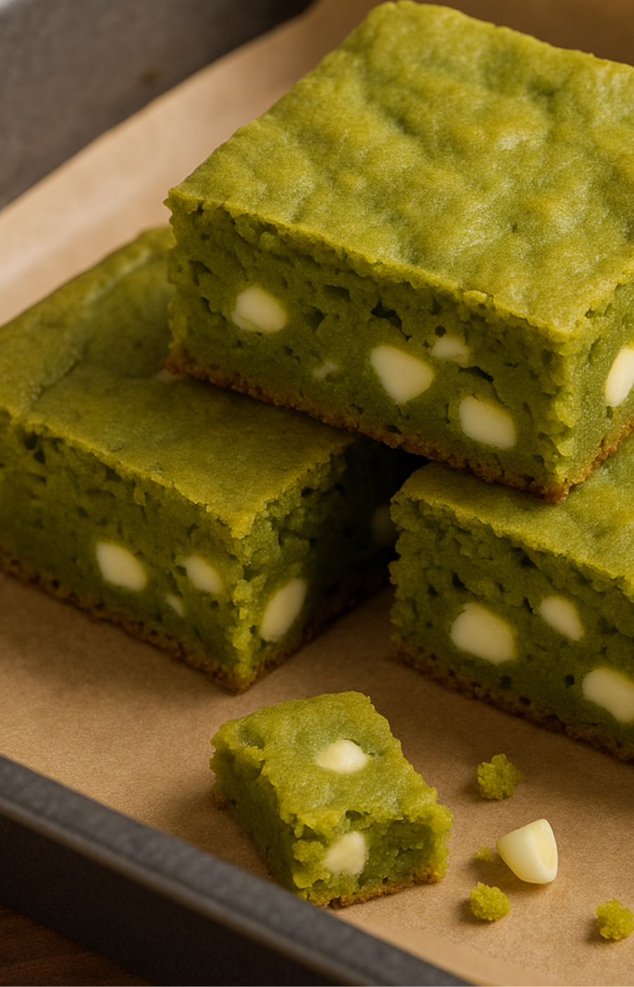 Matcha blondie bars studded with white chocolate chips cut on parchment paper, matcha baking recipe