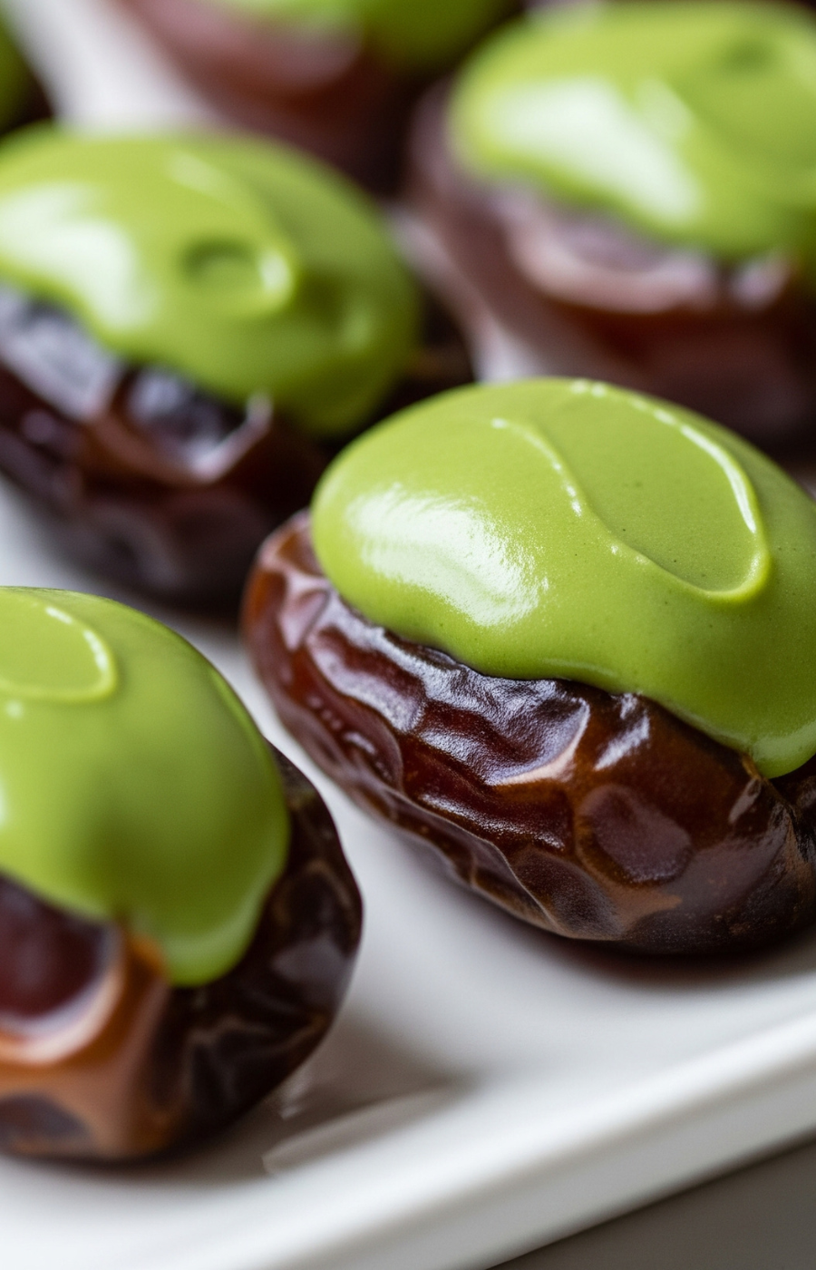 Medjool dates dipped in a smooth green matcha coating, plated as a no-bake matcha dessert