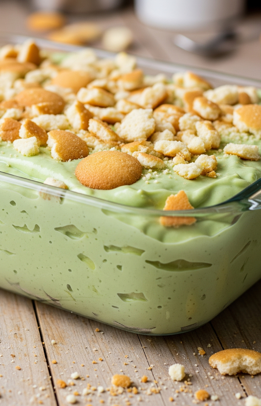 Nippon Matcha banana pudding dessert in a glass dish topped with vanilla wafer cookies and crumbs