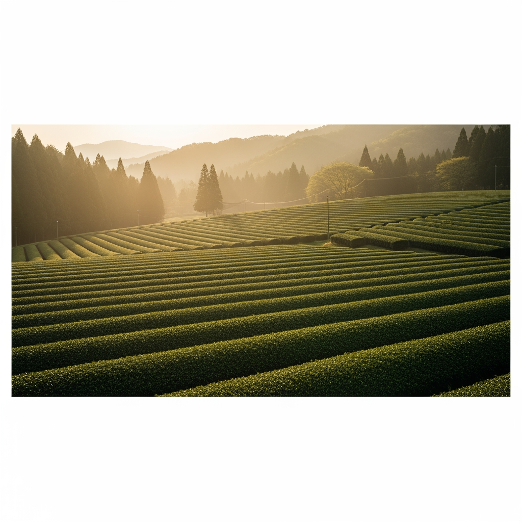 Terraced green tea plantation rows at sunrise in Uji Japan with morning mist and warm golden light over the hills