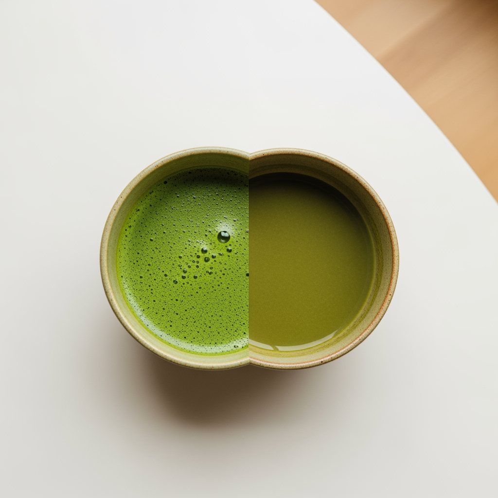 Nippon Matcha comparison of whisked foamy matcha and flat matcha tea in one split ceramic bowl, top view on white