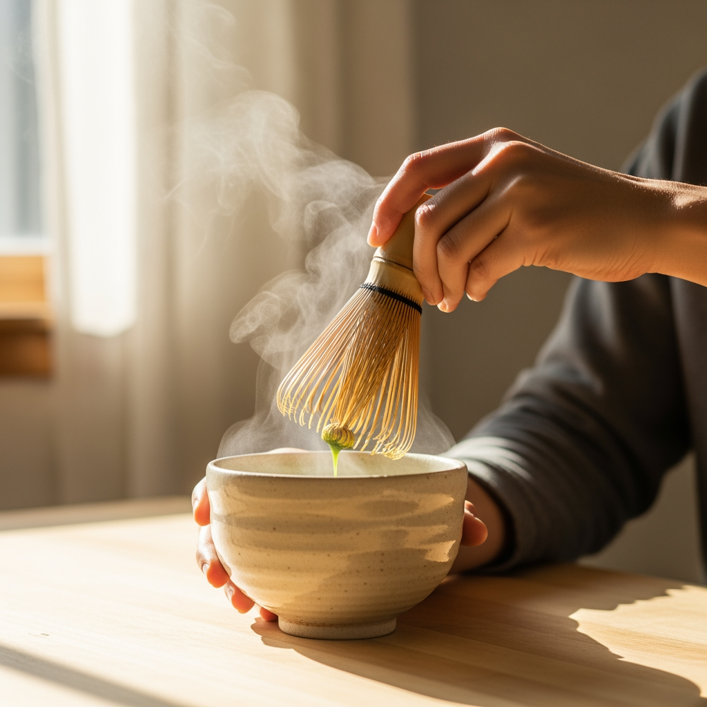 Hands whisking hot matcha with a bamboo chasen in a ceramic bowl, steam rising in warm window light, ceremonial preparation