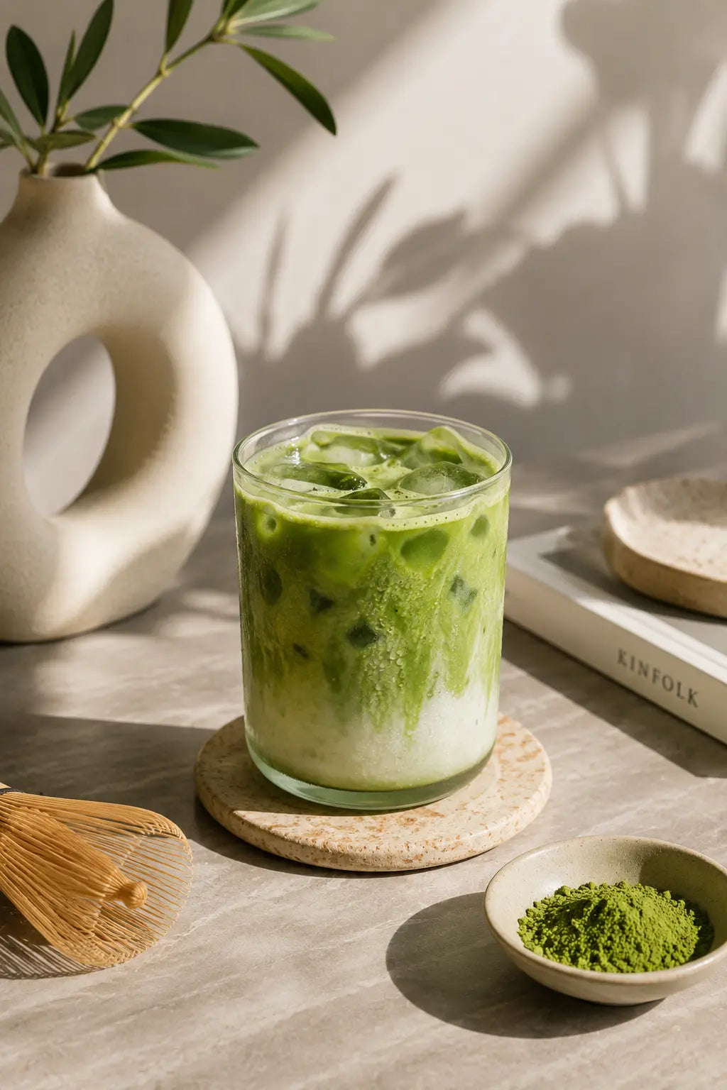 Nippon Matcha iced matcha latte in a glass with a bamboo chasen whisk and a bowl of matcha powder on a sunlit stone counter