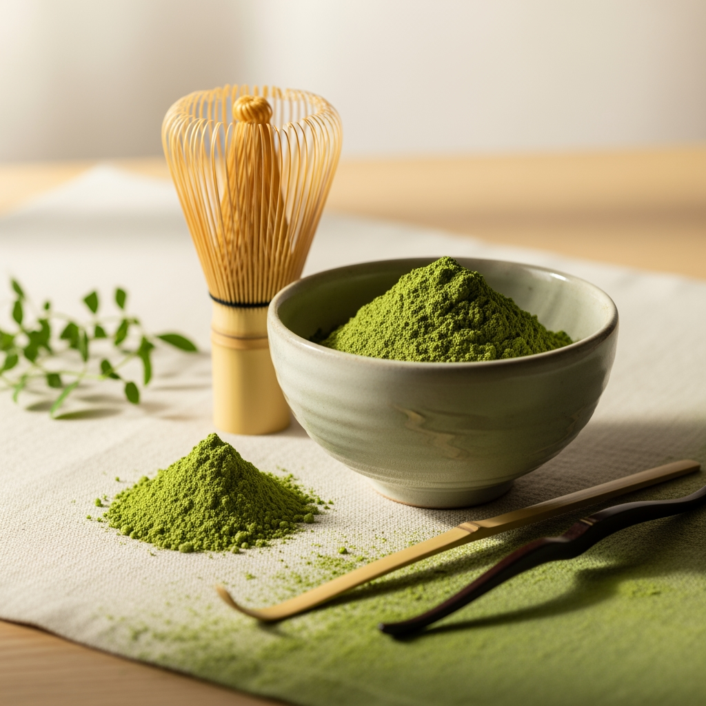 Matcha powder in a ceramic bowl with bamboo whisk - gut health and microbiome research