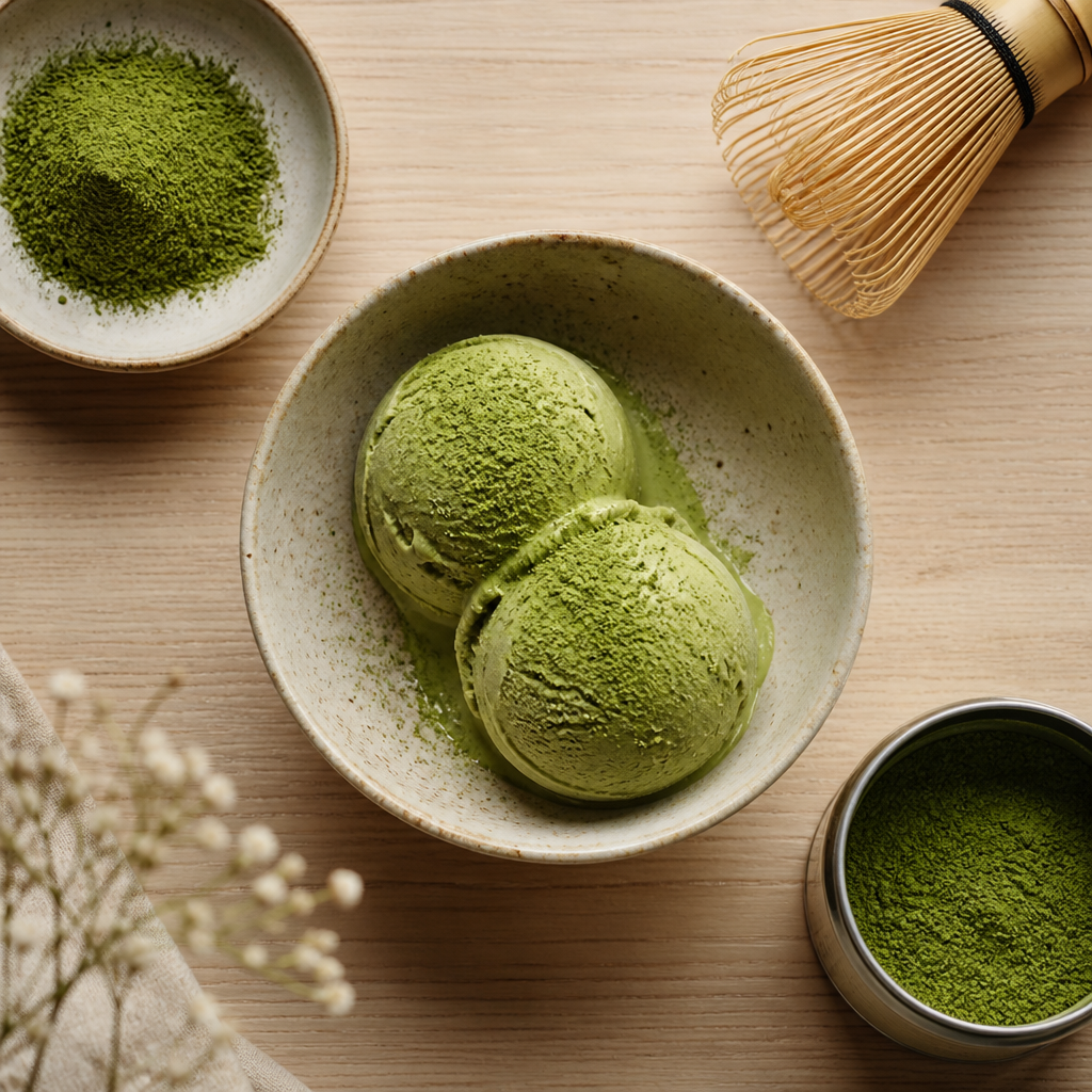 Two scoops of green matcha ice cream in a ceramic bowl with bamboo whisk, matcha powder dish and tea tin